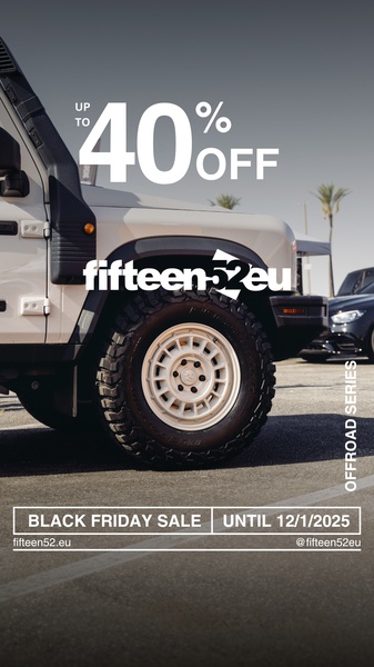 A high-contrast vertical ad creative featuring an off-road vehicle and wheel sale promotion.