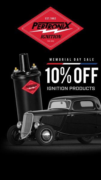 A vertical-format promotional ad featuring a black ignition coil and a vintage hot rod car, advertising a 10% discount for Memorial Day.