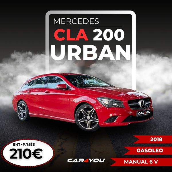 A high-contrast automotive ad featuring a red Mercedes CLA 200 Urban with pricing and technical specs in a 1:1 format.