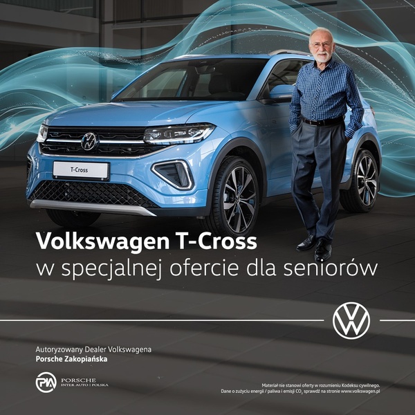 A clean, professional display featuring a Volkswagen T-Cross alongside a senior demographic figure to highlight a niche-specific vehicle offer.