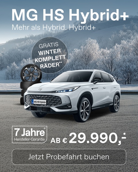 A promotional ad for the MG HS Hybrid+ featuring a winter-themed background and a special offer for free winter wheels.