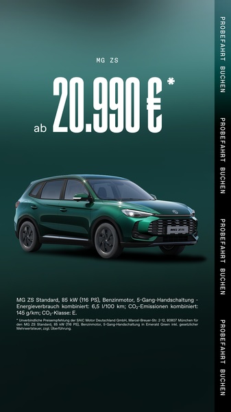 A high-impact 9:16 vertical ad featuring the MG ZS against a clean dark green background, emphasizing a low starting price point and key vehicle technical specifications.