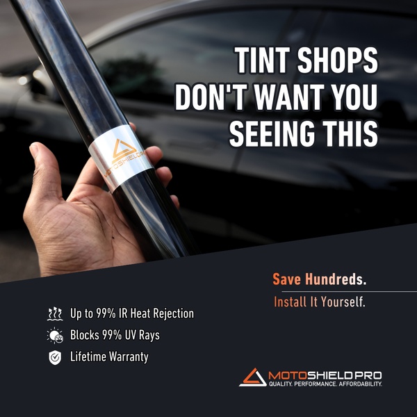 A high-contrast 1:1 square ad featuring a hand holding a roll of window tint film against a vehicle, using an inquisitive hook to drive curiosity.