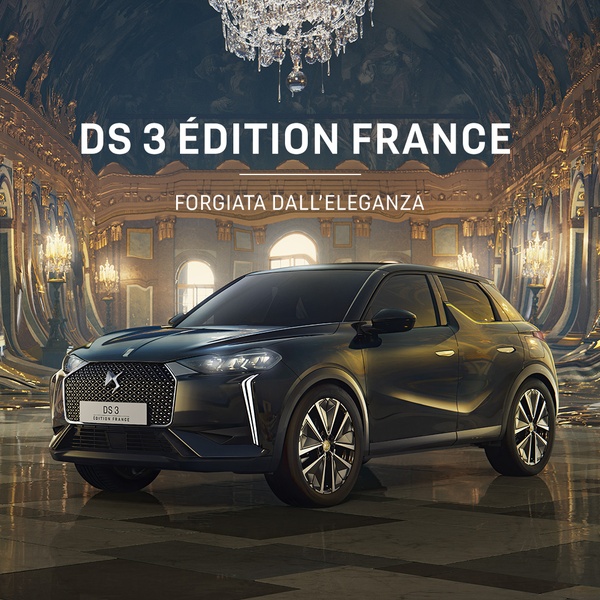 A high-end product hero shot featuring the DS 3 vehicle inside an opulent, chandelier-lit palace ballroom, emphasizing elegance and premium branding.