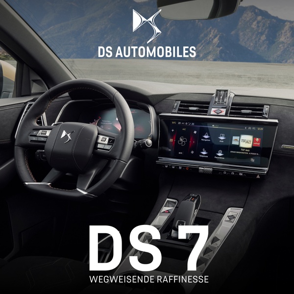 A high-fidelity interior shot of the DS7 dashboard, emphasizing digital displays, cockpit design, and sophisticated finishes.