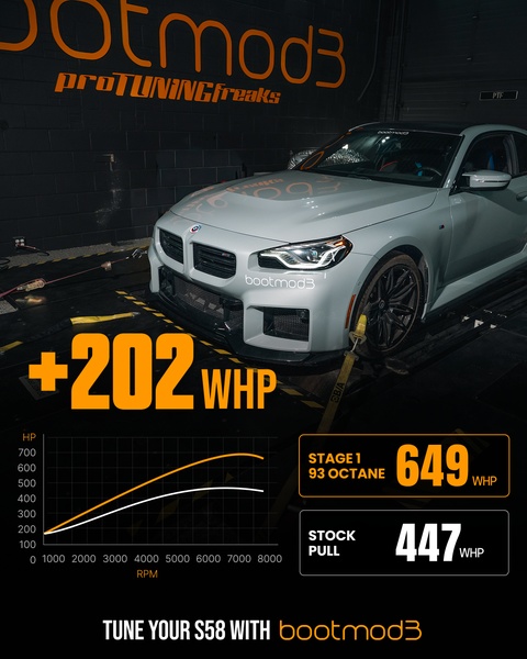 A technical breakdown showing a 202 WHP increase after applying performance software to a vehicle.