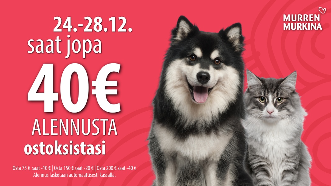 A high-visibility holiday sale ad featuring pet imagery with a clear discount structure for tiered spending.