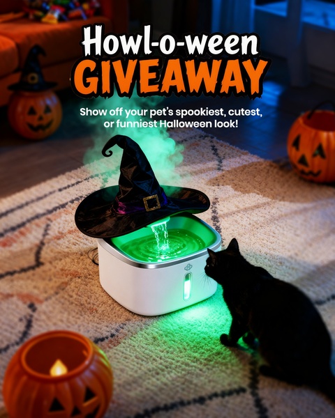 A seasonal promotional ad featuring a pet water fountain styled with a witch's hat in a cozy Halloween-themed living room.