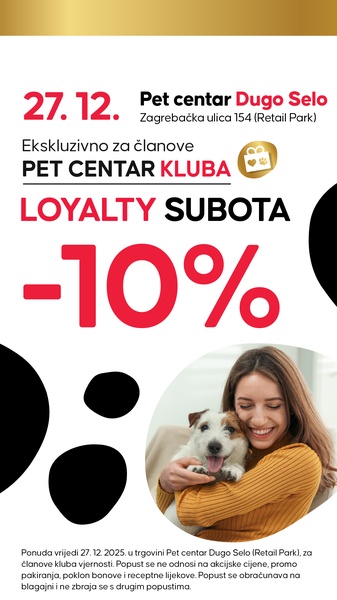 A vertical social media ad promoting a 10% loyalty discount for a local pet store in Dugo Selo.