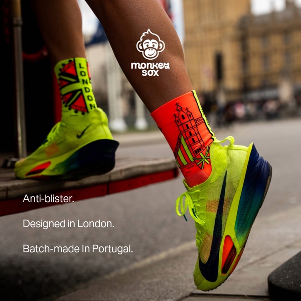 A close-up shot of a runner wearing high-visibility branded socks and neon yellow shoes, highlighting product features with minimalist text overlays.