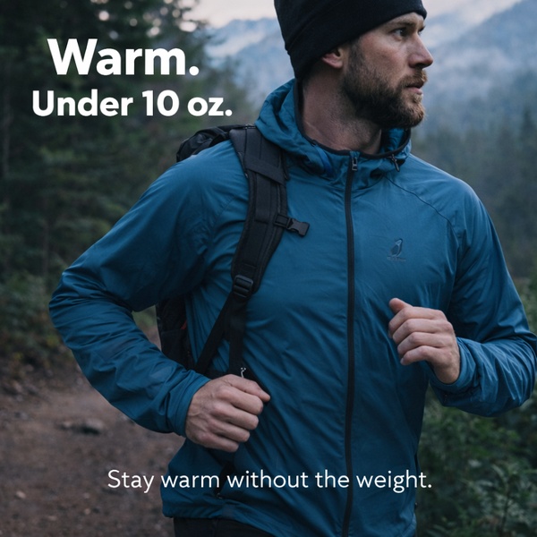 A high-performance outdoor jacket advertisement using bold, minimalist text overlays against an immersive, nature-focused background.