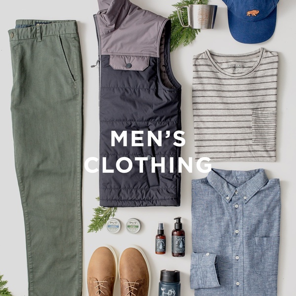 men's clothing, casual shirts, chino pants, puffer vest, button down shirt, t-shirt, outfit set, brand awareness, new arrival, flat lay, trustworthy, calm, neutral, green, blue