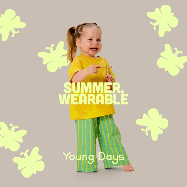 toddler clothing set, kids outfit set, children summer clothes, toddler top and pants, baby clothing set, kids casual wear, new arrival, product launch, minimalist, editorial, playful, fresh, yellow, green, neutral, summer sale