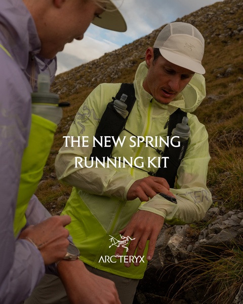A 4:5 aspect ratio creative featuring two runners in technical apparel checking their gear while on a trail.