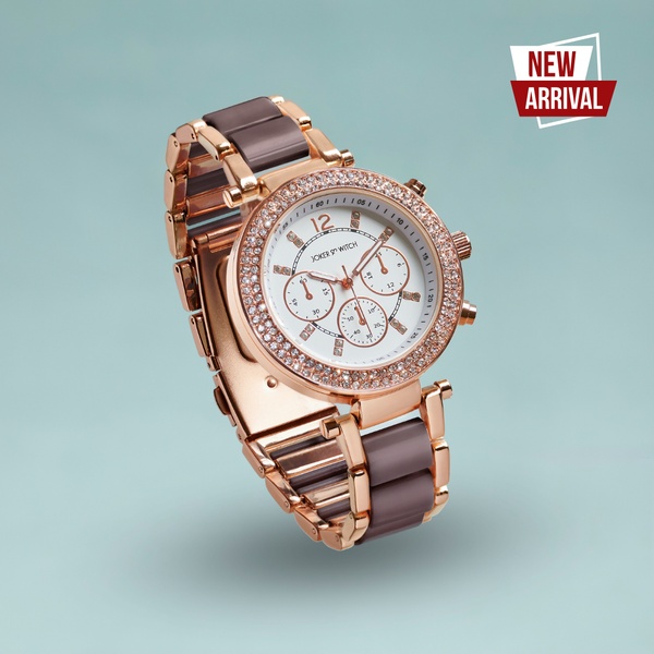 chronograph watch, analog watch, bracelet watch, rose gold watch, crystal bezel watch, dress watch, fashion watch, new arrival, product launch, minimalist, editorial, luxurious, fresh, gold, blue, brown