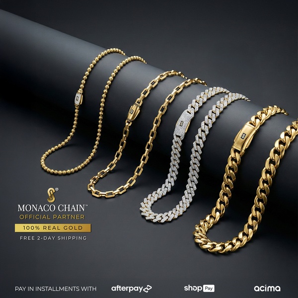 A high-end, clean product photography layout featuring a variety of gold chain designs arranged on a dark, curved surface to emphasize quality.