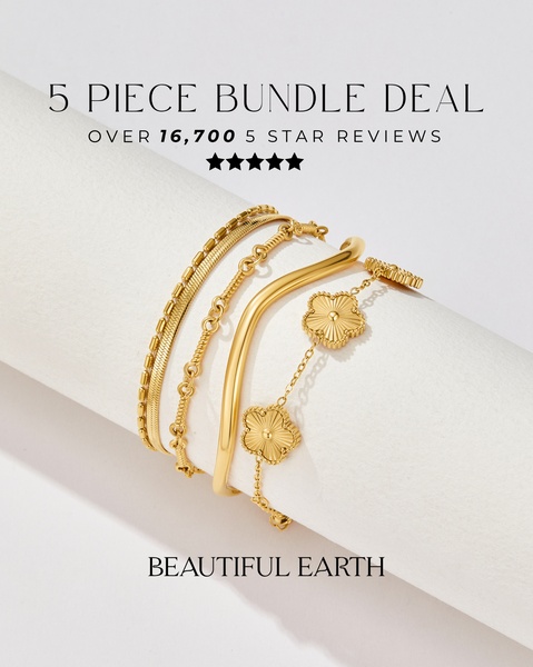A clean, minimalist product shot featuring a five-piece gold bracelet set displayed on a white cylindrical stand, emphasizing a high-volume social proof claim.