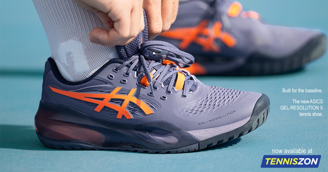 A close-up shot of a user lacing up a performance tennis shoe, highlighting product details with minimal, clear marketing text.