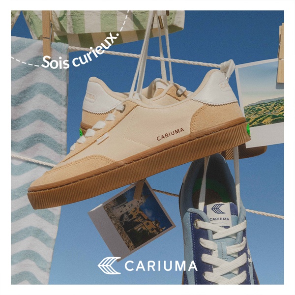 A square-format lifestyle ad featuring canvas sneakers drying on a laundry line against a bright blue sky, blending casual curiosity with product durability.