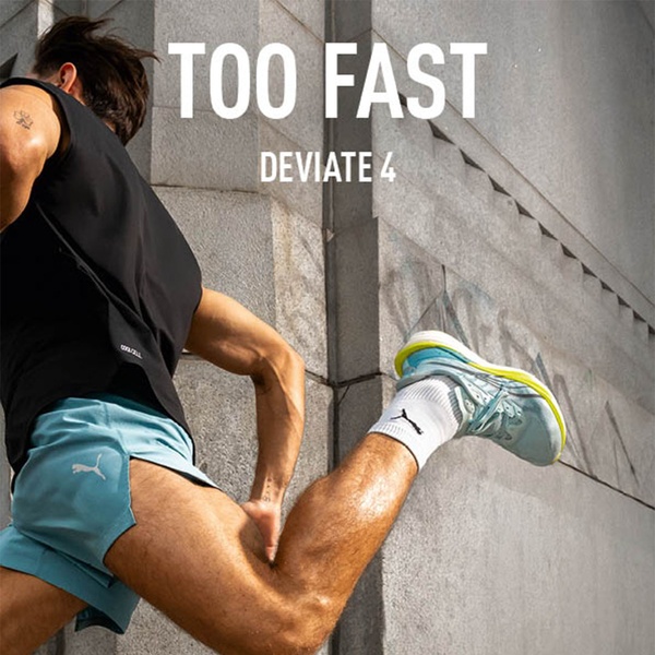 A close-up action shot of a runner showcasing footwear performance, utilizing high-contrast typography to emphasize speed.