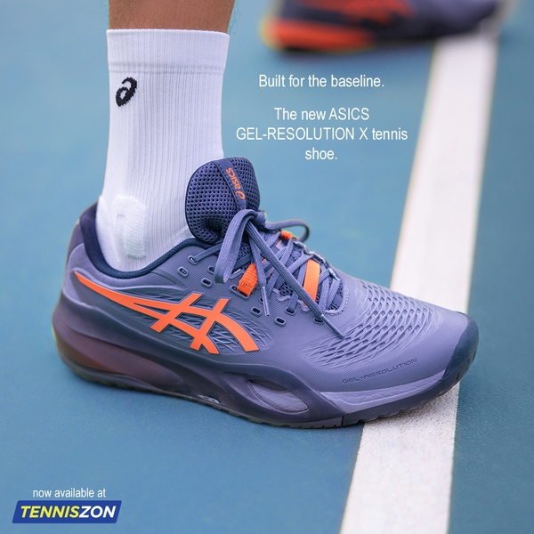 A close-up studio-style shot of a tennis shoe on a court surface, emphasizing brand identity and a clear product-centered value proposition.