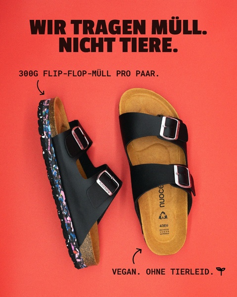 A high-contrast advertisement for eco-friendly sandals that uses a bold, text-led hook to highlight material sourcing and ethical production.