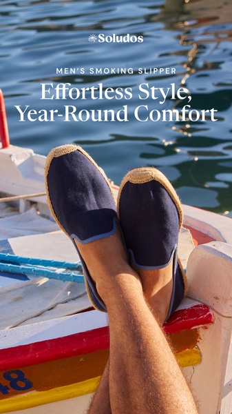A vertical-format lifestyle ad featuring a close-up of a pair of canvas slippers resting on the edge of a boat, evoking feelings of leisure.