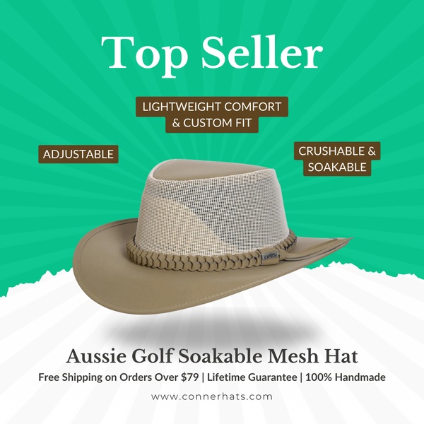 A square-format static ad highlighting the key benefits of an Aussie golf hat, including adjustability and durability, set against a bright green background.