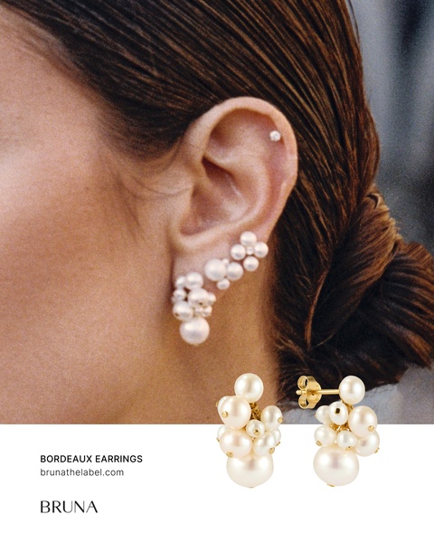 A high-resolution close-up of a model wearing a cluster pearl earring, complemented by a static product shot in the bottom right corner.