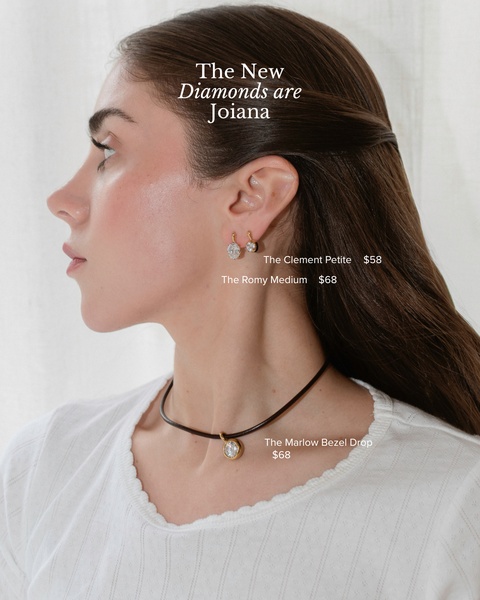 A refined, editorial-style side profile shot featuring a necklace and two-piercing earring set with clear pricing labels for each item.