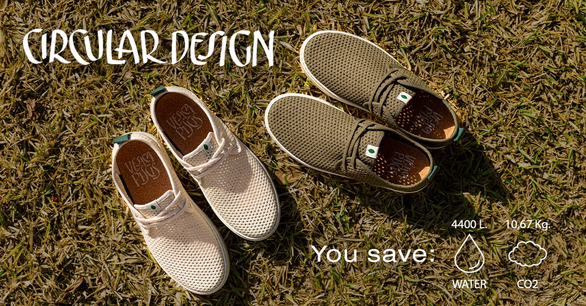 A high-angle product shot of two pairs of mesh sneakers placed on a natural grass background, showcasing saved water and CO2 metrics.