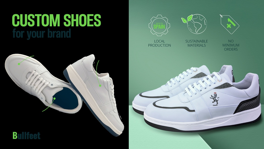 A split-screen product ad showcasing branded custom shoes alongside icons for local production, sustainable materials, and low minimum order quantities.