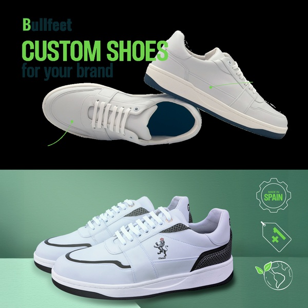 A split-screen product showcase featuring top-down and side views of custom-branded sneakers with clear value-add icons.