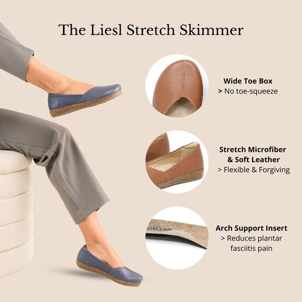A clean, minimalist 1:1 square ad layout that uses targeted callout bubbles to highlight three specific comfort features of a stretch skimmer shoe.