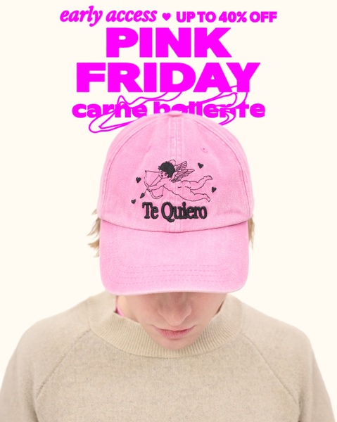 A clean, eye-level portrait featuring a pink cap with embroidered artwork, framed by bold promotional copy for an early access sale.