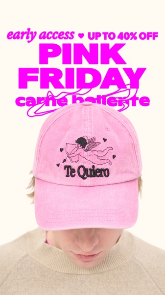 This vertical 9:16 ad features a pink baseball hat with a cupid embroidery, using bold pink typography to announce a 40% off early access sale.