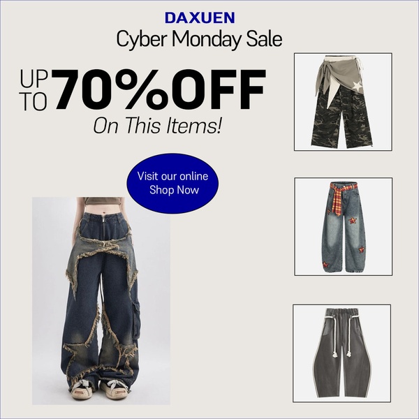 A promotional ad highlighting a Cyber Monday sale with up to 70% off on featured distressed and styled jeans.