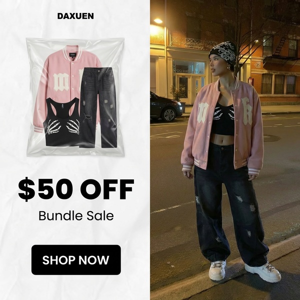 outfit set, clothing bundle, varsity jacket set, matching outfit, jacket and jeans set, streetwear set, bundle offer, sale promotion, lifestyle, outdoor, bold, energetic, pink, black, neutral