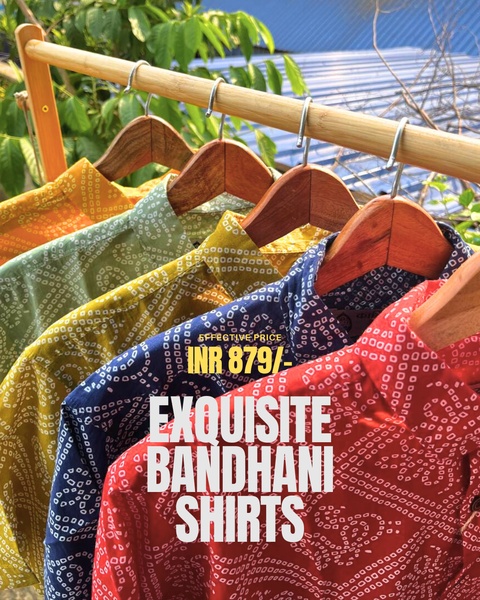 printed shirt, bandhani shirt, casual shirt, tie dye shirt, ethnic print shirt, cotton shirt, sale promotion, product launch, lifestyle, outdoor, energetic, bold, red, yellow, green