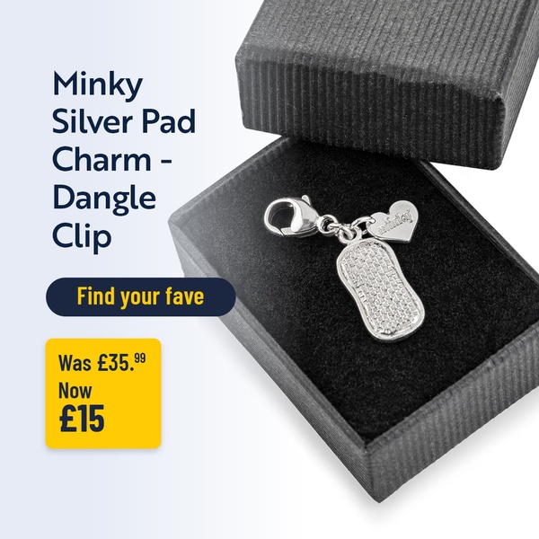 A close-up product shot of a silver dangle clip charm inside a black jewelry box, featuring a price discount call to action.