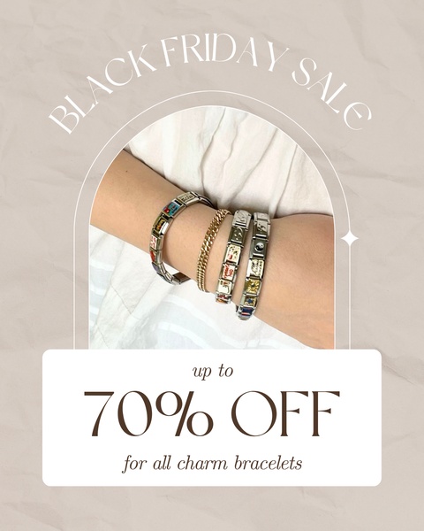 A high-conversion aesthetic ad featuring a close-up of a stacked charm bracelet collection with a clear, bold discount headline.