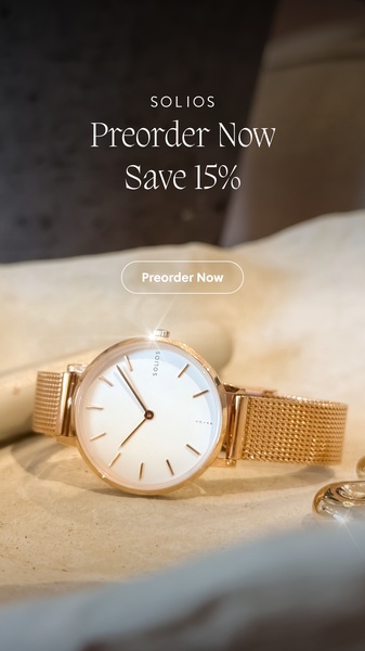 analog watch, dress watch, mesh band watch, minimalist watch, wrist watch, fashion watch, product launch, limited time deal, editorial, lifestyle, luxurious, warm, gold, neutral