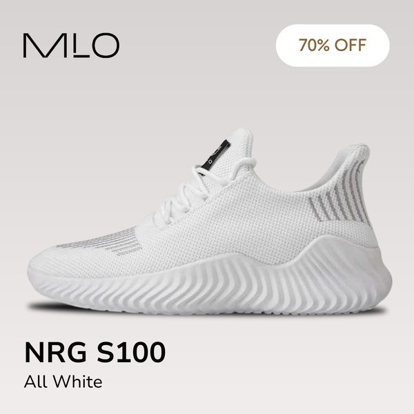 A clean, high-contrast 1:1 square advertisement for a white performance running shoe, featuring a 70% discount hook.