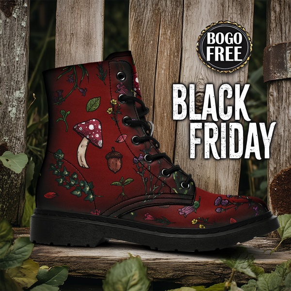 A seasonal Black Friday promotional graphic featuring a custom mushroom-patterned ankle boot set against a rustic wooden fence background.