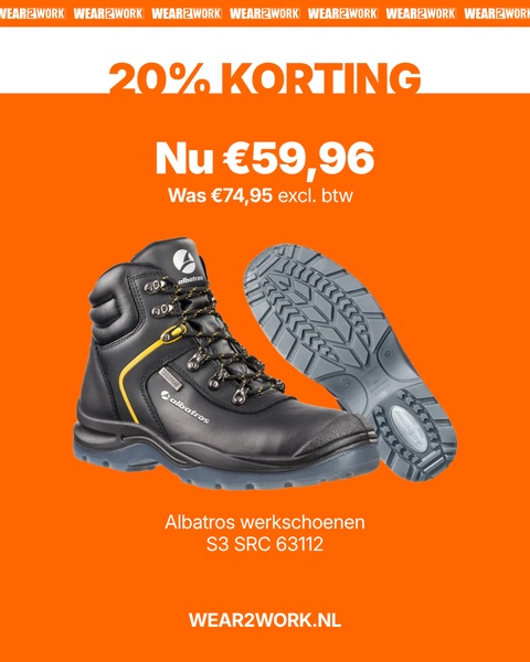 A high-contrast 4:5 ad creative featuring a product cutout of safety boots, clear pricing, and a 20% discount offer on a bold orange background.