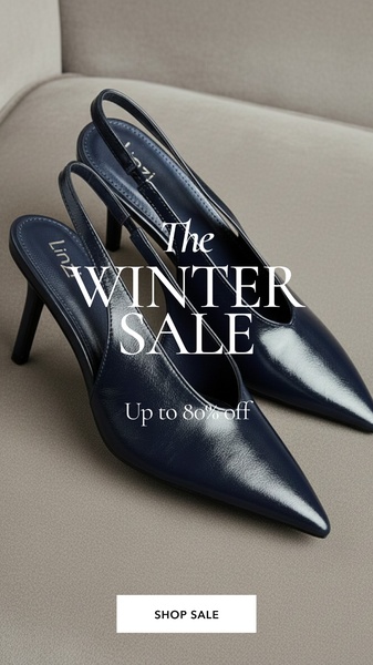 A refined, high-contrast 9:16 ad creative showcasing a pair of navy slingback heels on a soft-grey textured background with bold, centered typography.