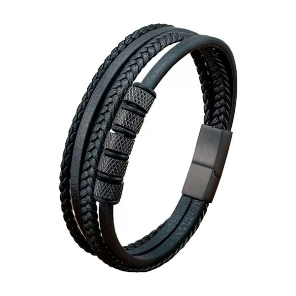 A clean, high-contrast studio shot of a black braided leather bracelet featuring textured metal accents, isolated on a white background.