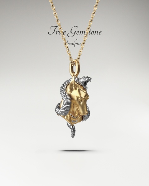A high-end, studio-lit close-up shot of a dual-tone gold and silver animal-head pendant featuring intricate craftsmanship and diamond accents.