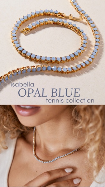 A split-view product hero shot featuring a close-up of a blue opal tennis necklace followed by a lifestyle shot of a model wearing it.