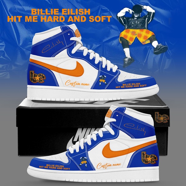 A 1:1 ad creative highlighting custom high-top sneakers with vibrant orange and blue branding, featuring a celebrity-themed design layout.